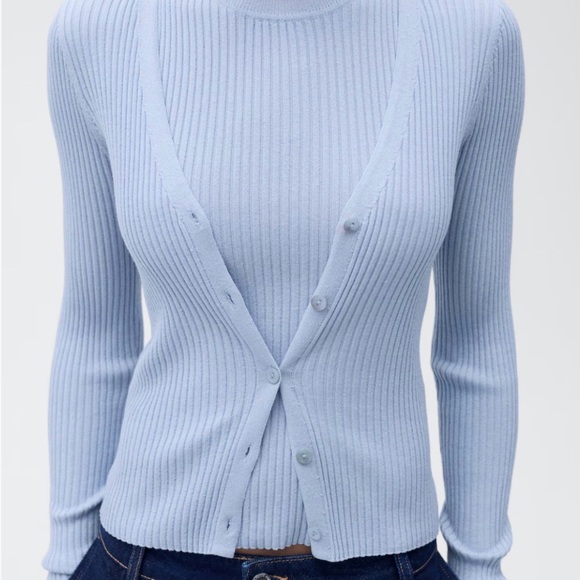 Mango Light Blue Ribbed Knit Button-Front Sweater - Picture 2 of 6